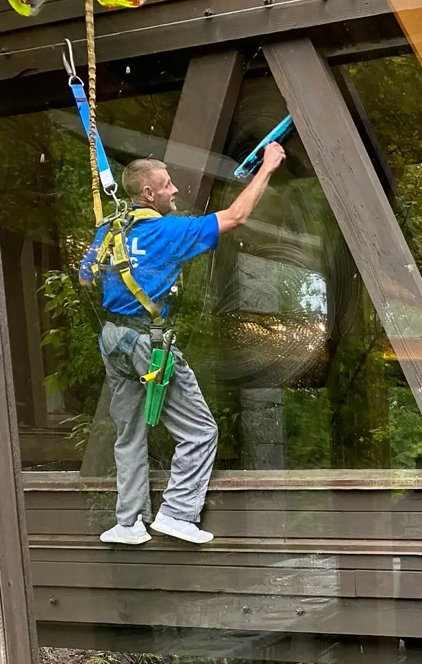 A professional window cleaner from J&L MWC wearing a blue t-shirt and grey pants performs Residential Window Cleaning on a modern home. He uses a specialized scrubber to clean a large floor-to-ceiling glass panel, standing on a ledge. His safety harness is visible, attached by blue and yellow straps to a secure point above. A green tool holster hangs from his belt. A light circular pattern is visible in the cleaning solution on the glass, which reflects the surrounding trees and foliage. Dark wood structural beams frame the glass, giving the building an architectural, natural look. The shot is well-lit, showing reflections on the wet glass surface.