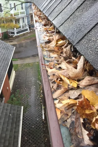 high-angle, first-person perspective looking down the length of a residential roof gutter heavily filled